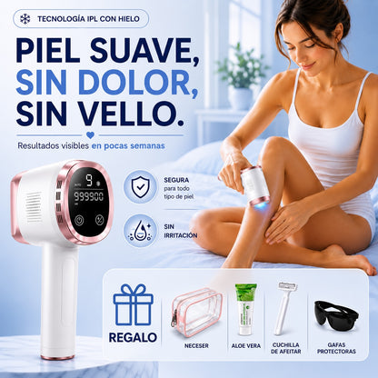 Adiós al Vello y la Irritación Tecnología IPL con efecto frío para ayudarte a conseguir hasta un 99% menos vello desde casa.