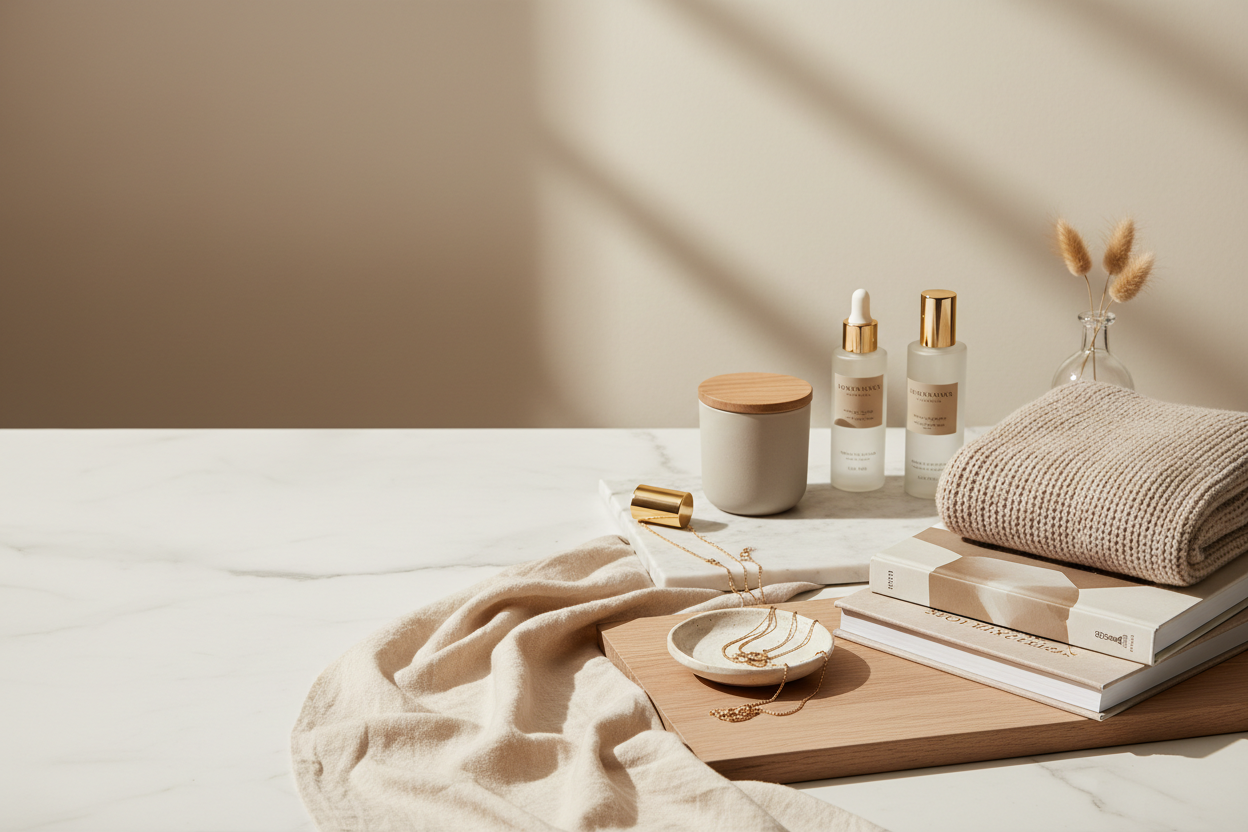 genera una imagen elegante y en tonos neutros pero llamativa para que sea la imagen principal de una tienda online de multiproducto