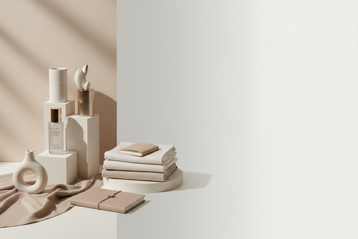 genera una imagen en tonos neutros para la foto principal de una web de ecommerce multiproducto, debe ser una foto elegante